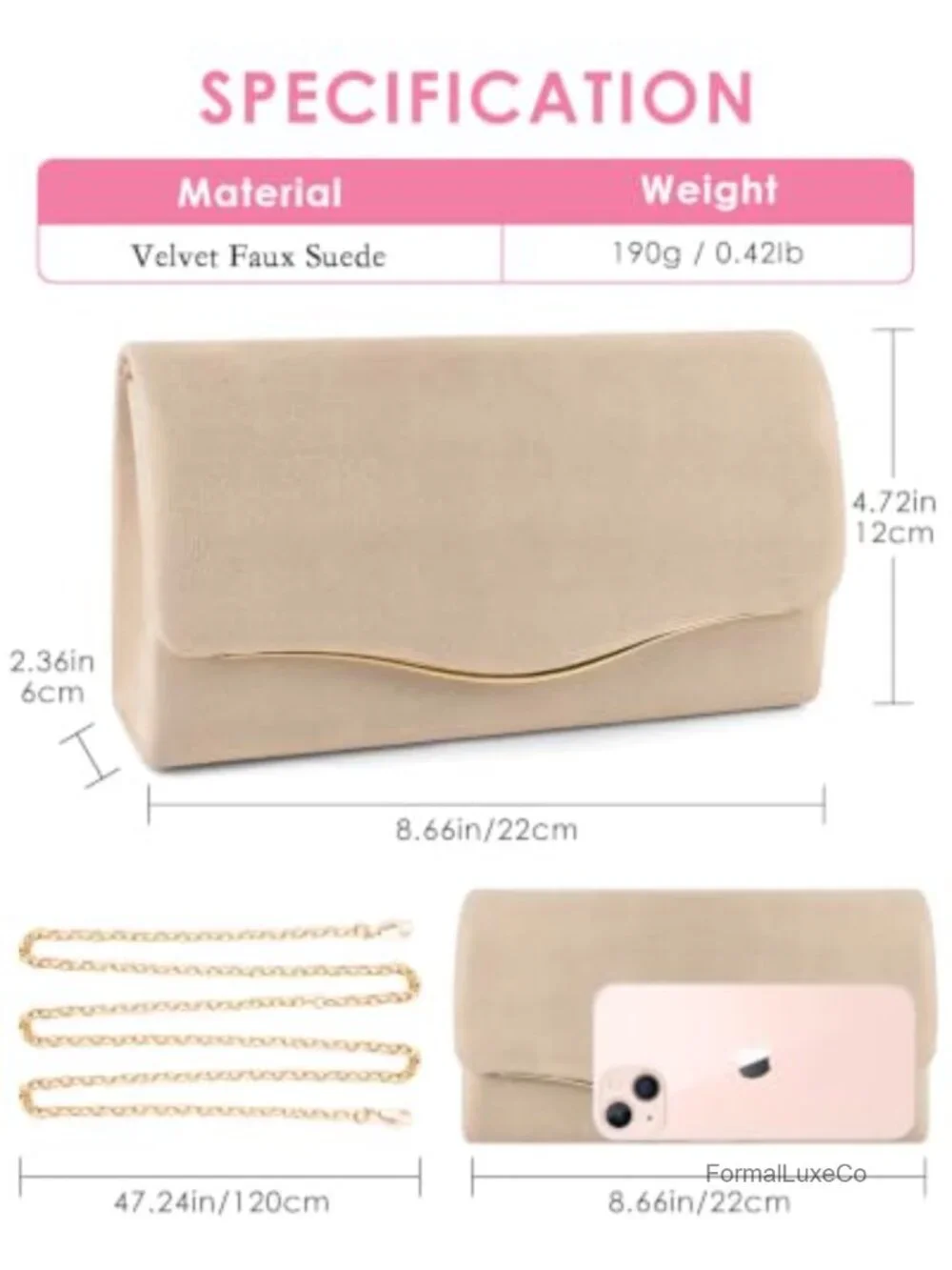 Women's Velvet Faux Suede Clutch Purse Evening Handbag with Detachable Chain